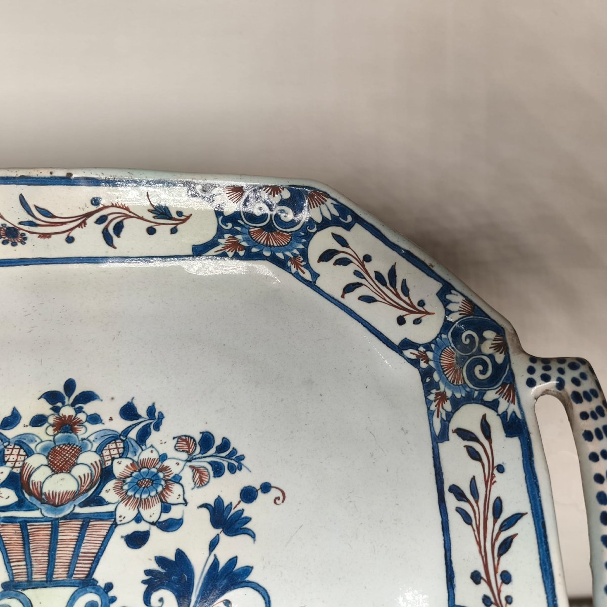 Rouen, 18th Century, Octagonal Basket With Blue And Red Decoration-photo-2