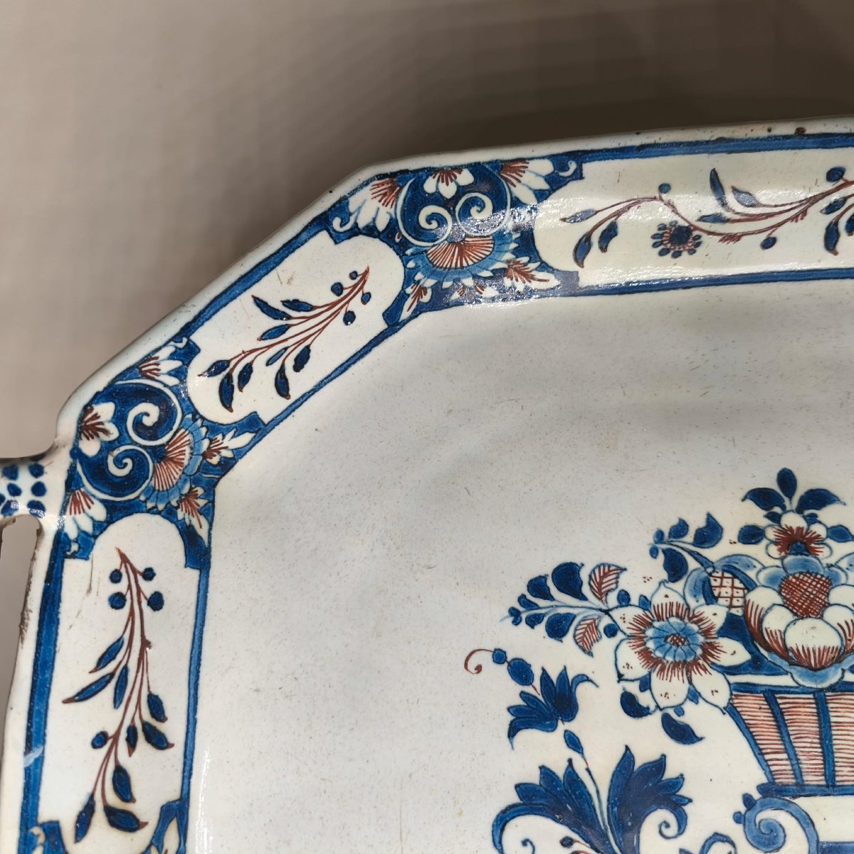 Rouen, 18th Century, Octagonal Basket With Blue And Red Decoration-photo-4