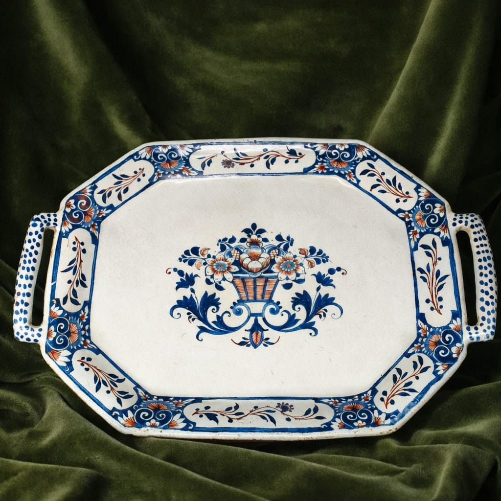Rouen, 18th Century, Octagonal Basket With Blue And Red Decoration