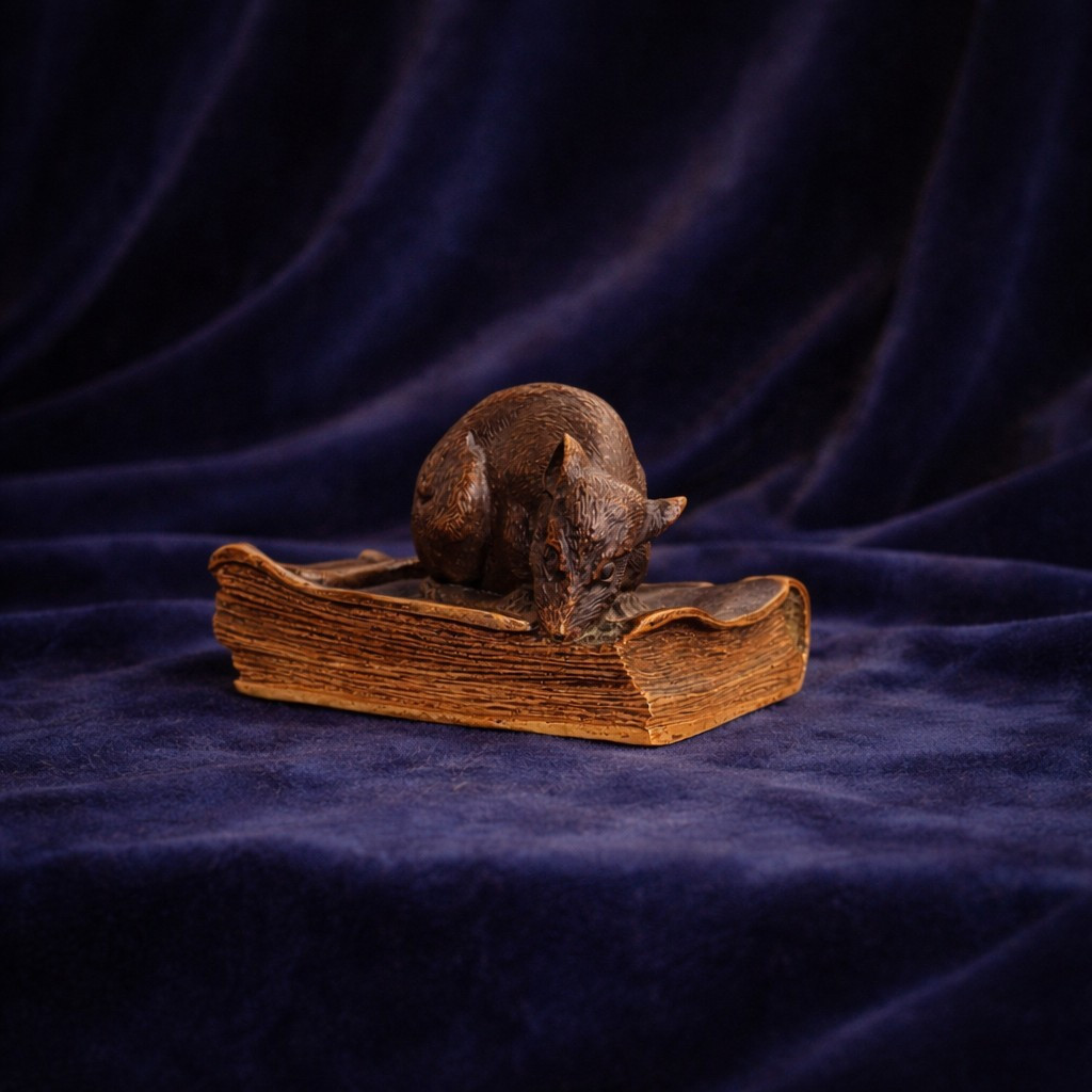 Petit sujet en bronze, souris grignotant un livre 