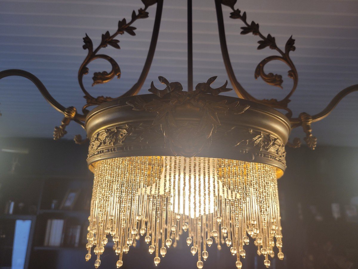 Chandelier In Golden Metal And Pearl Has Three Lights Early Twentieth-photo-2