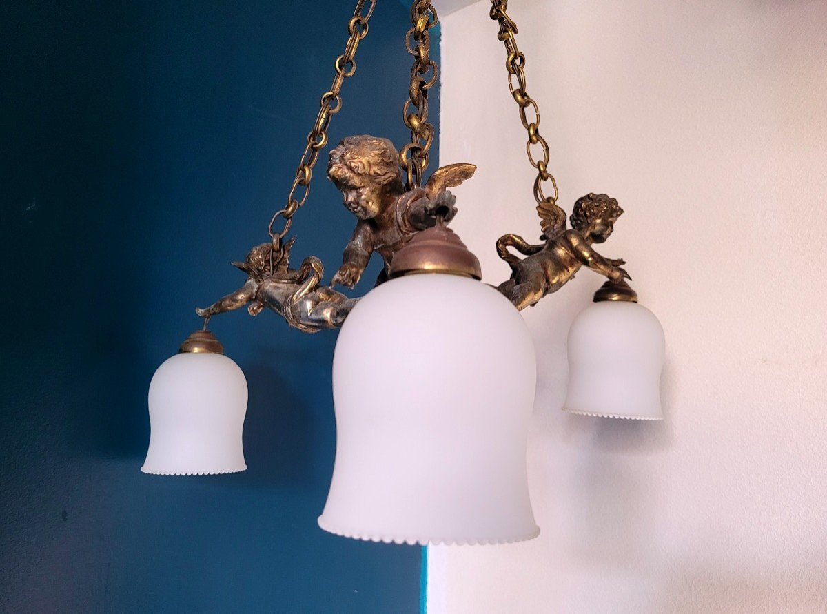 Chandelier Decorated With Putti With Its Two Nineteenth Sconces-photo-4