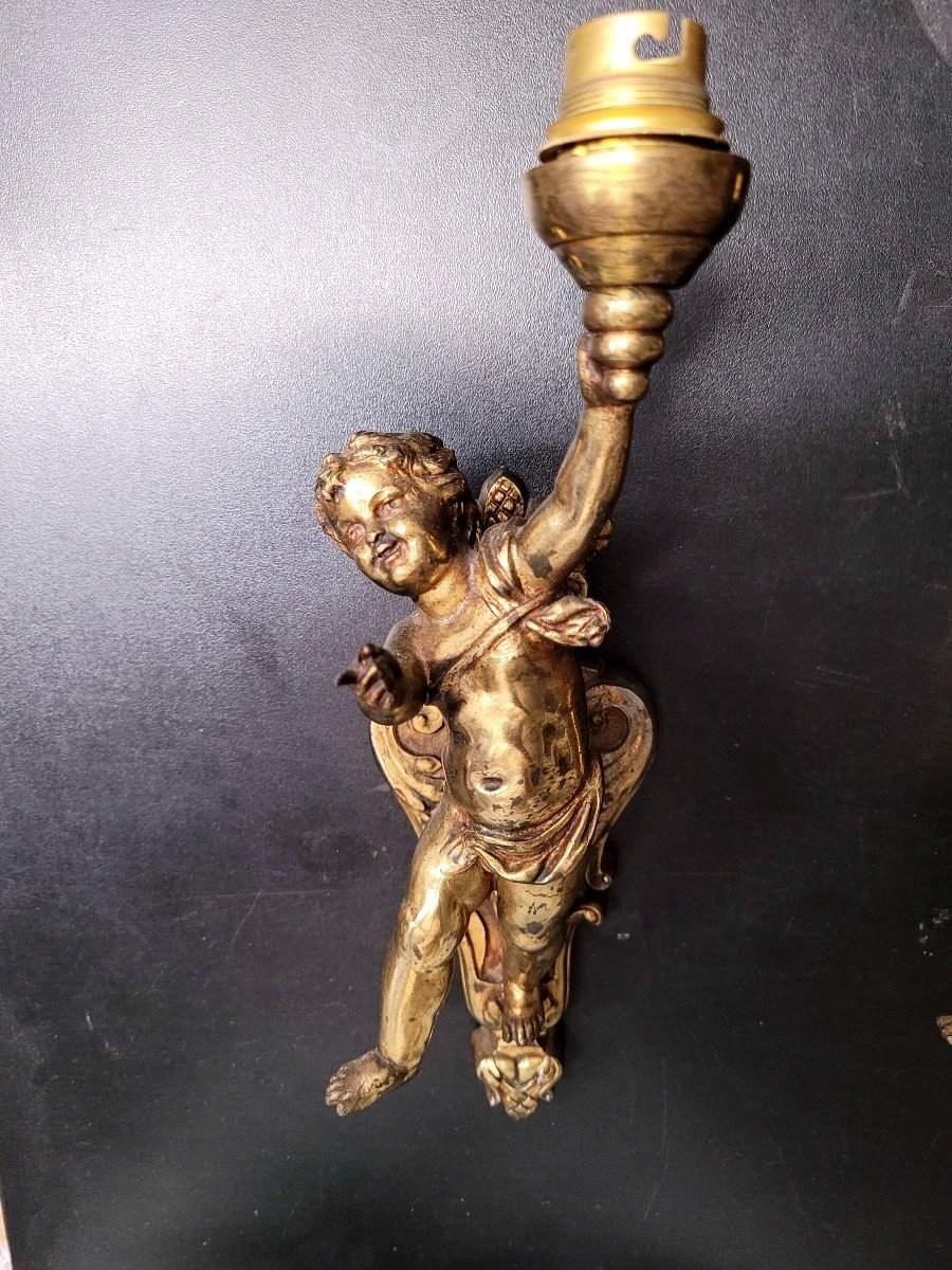 Chandelier Decorated With Putti With Its Two Nineteenth Sconces-photo-3