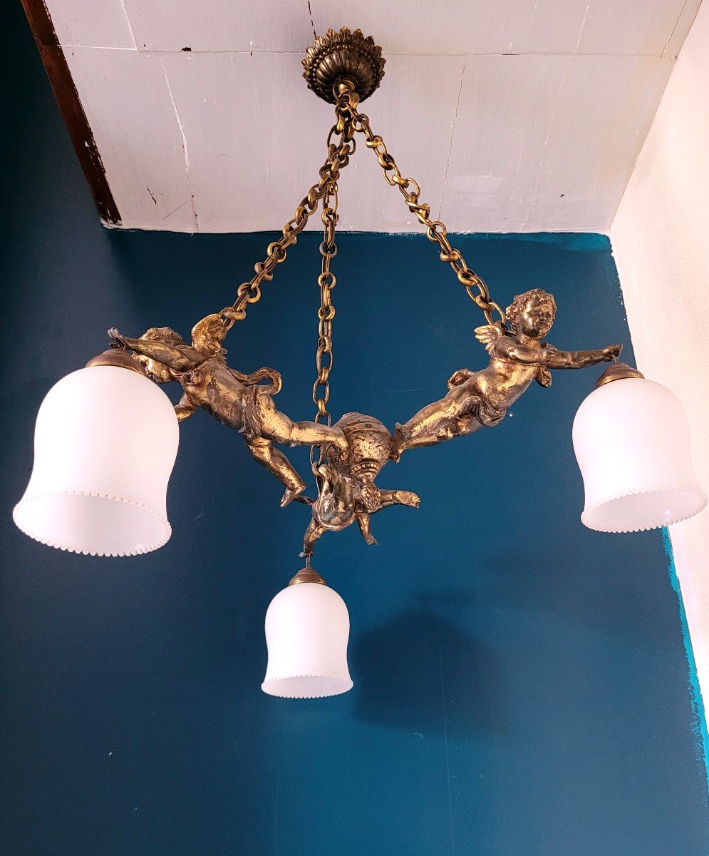 Chandelier Decorated With Putti With Its Two Nineteenth Sconces-photo-7