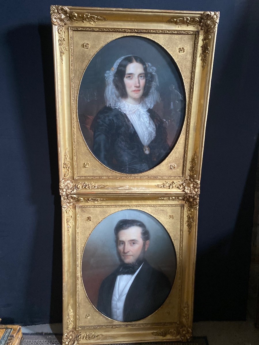 Pair Of Pastel Portraits Signed Duvergier XIX Ith