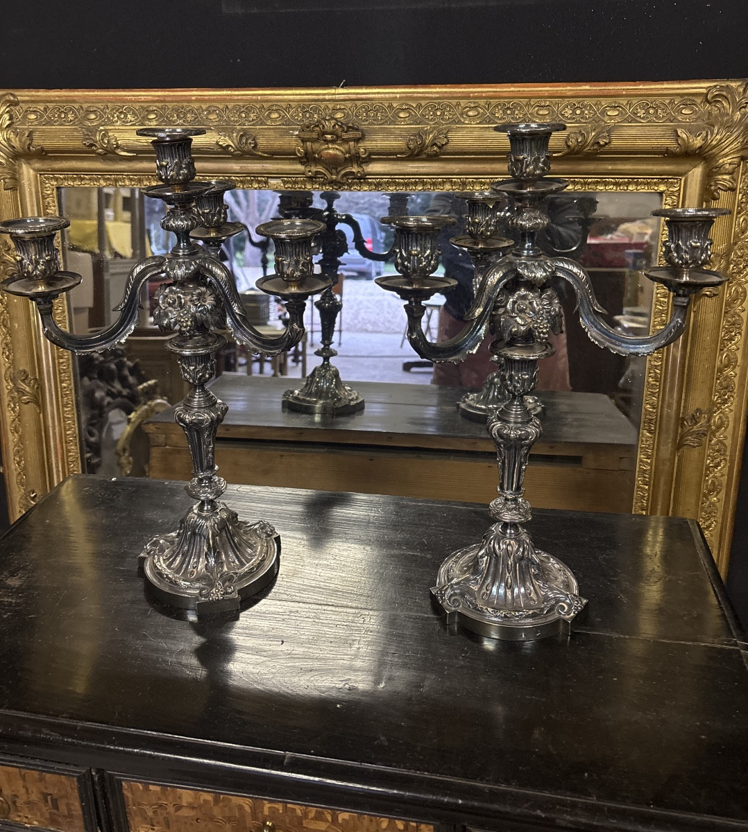 Paire de candélabres bronze argenté -photo-2