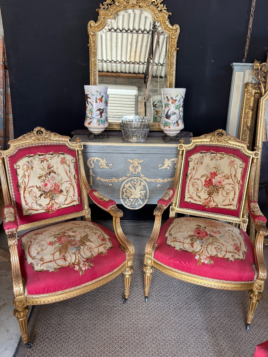 Louis XVI Style Gilded Wood Living Room, Napoleon III-photo-2