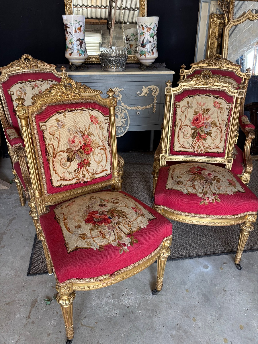 Louis XVI Style Gilded Wood Living Room, Napoleon III-photo-4