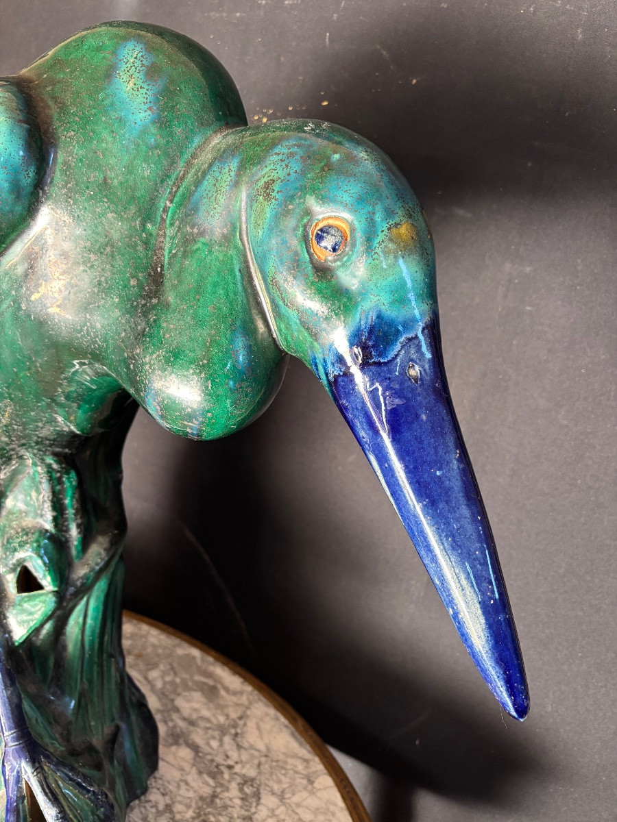 Important héron en faïence dans le goût de Massier-photo-3