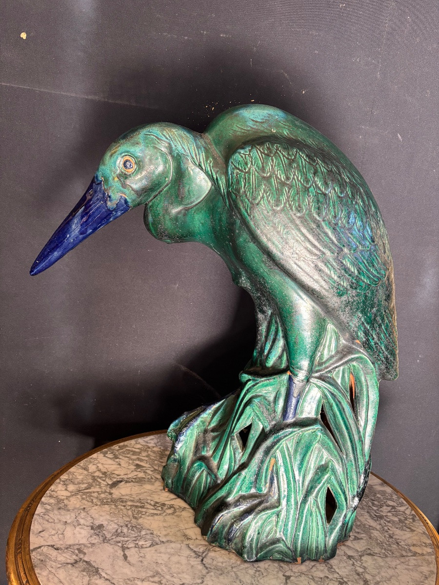 Important héron en faïence dans le goût de Massier-photo-1