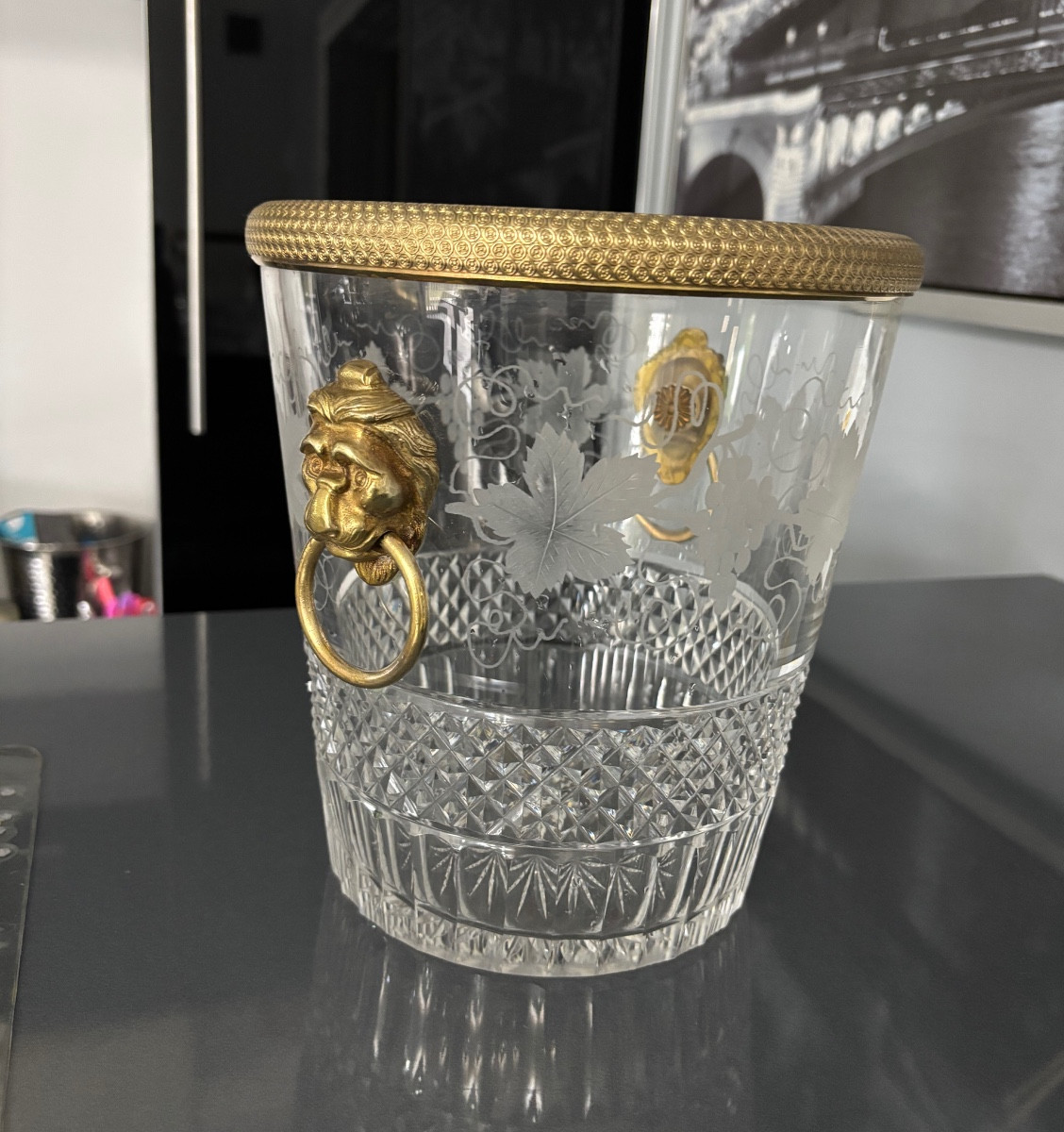 Sceau à champagne cristal taillé et bronze 