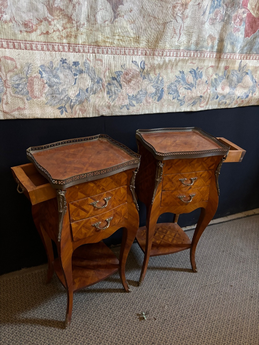 Paire de chevets style Louis XV marqueterie -photo-2