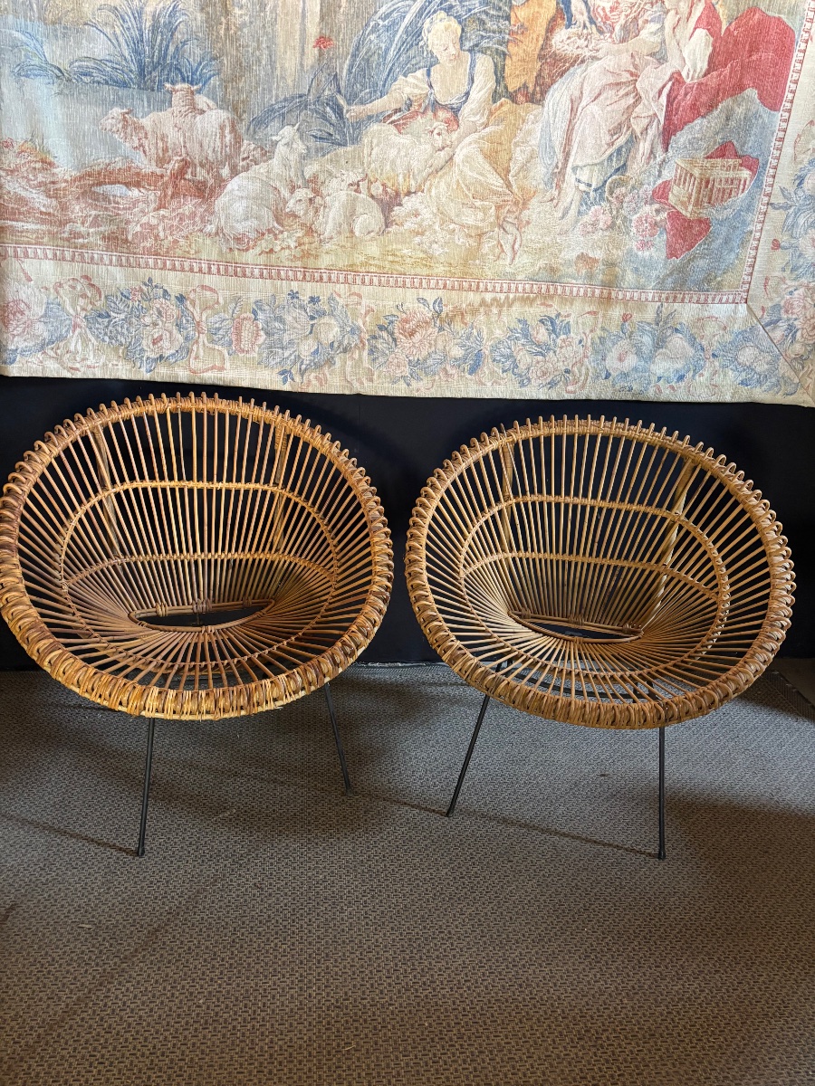 Paire de fauteuils rotin de Janine Abraham année 50