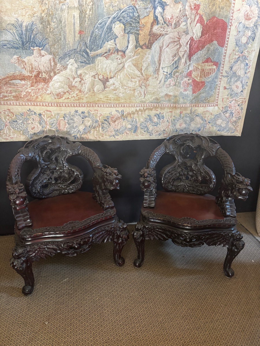 Pair Of Asian-style Throne Armchairs 