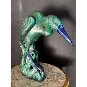 Important héron en faïence dans le goût de Massier