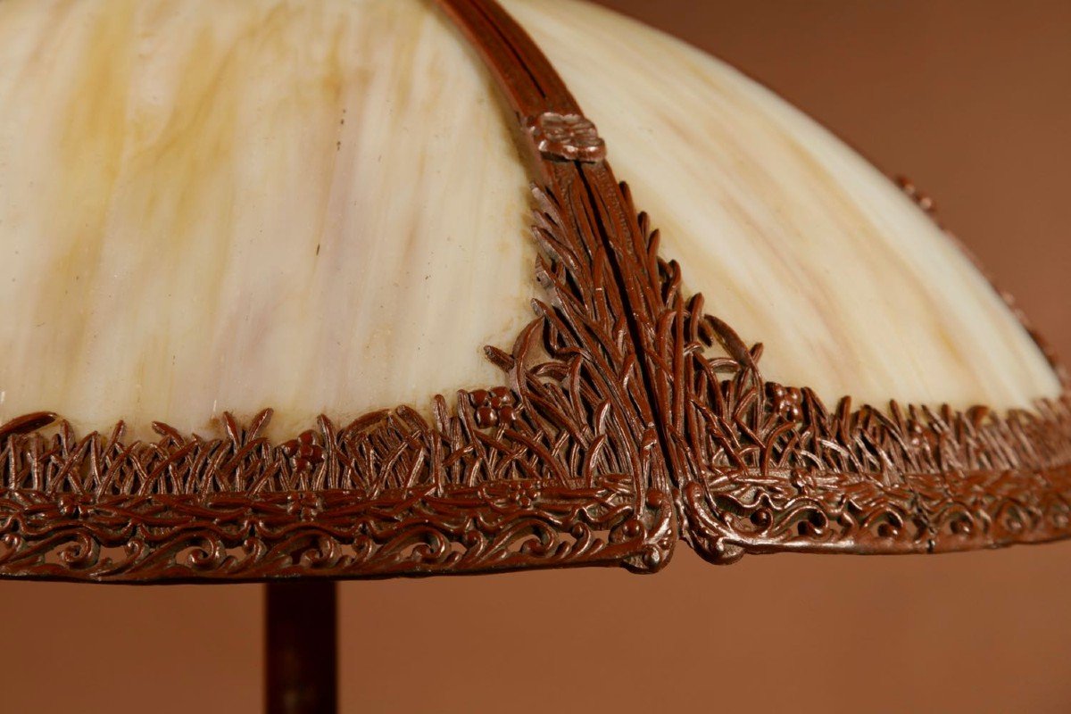 Art Deco Lampe De Table En Verre Américaine Dans Le Style De Bradley & Hubbard Vers 1920.-photo-1