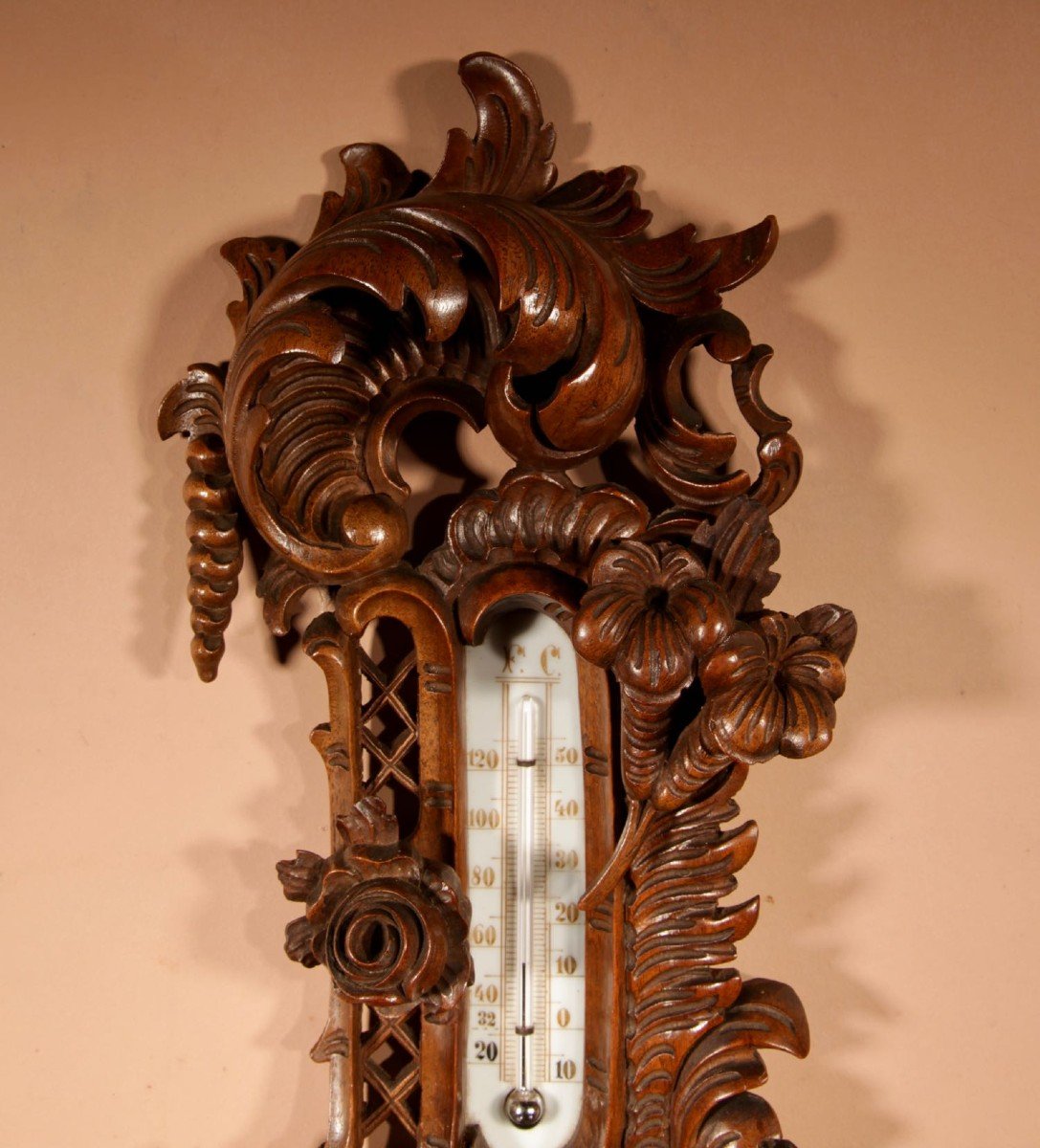 Black Forest Walnut Rocaile Very Fine Carved Aneroid Barometer Circa 1890.-photo-2