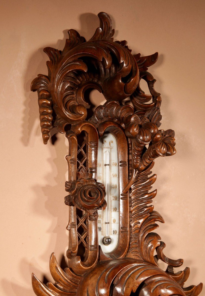 Black Forest Walnut Rocaile Very Fine Carved Aneroid Barometer Circa 1890.-photo-4