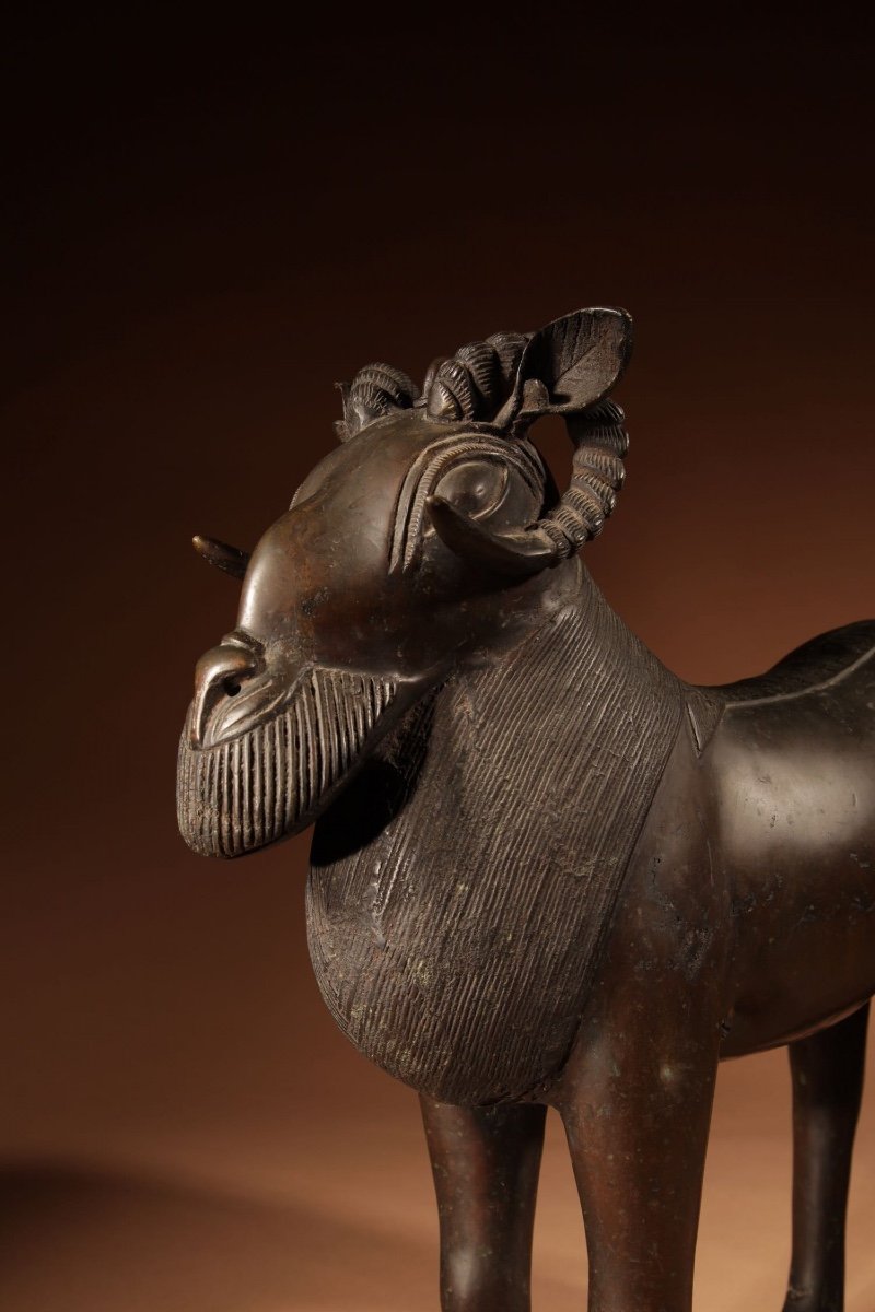 Benin Original Antique Large Bronze Ram Aquamanile Circa 1900 (or Earlier)-photo-3