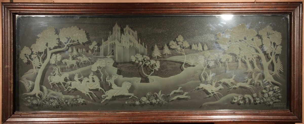 Falconry And Hunting Interest Magnificent Art Deco Illuminated Etched And Engraved Very Large G-photo-7
