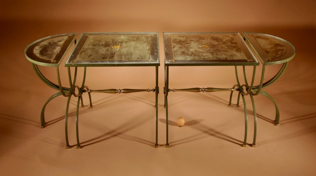Exceptional Four Parts Art Deco Wrought Iron, Brass And Original Glass French Coffee Table.-photo-2