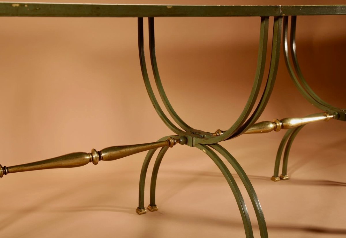 Exceptional Four Parts Art Deco Wrought Iron, Brass And Original Glass French Coffee Table.-photo-4