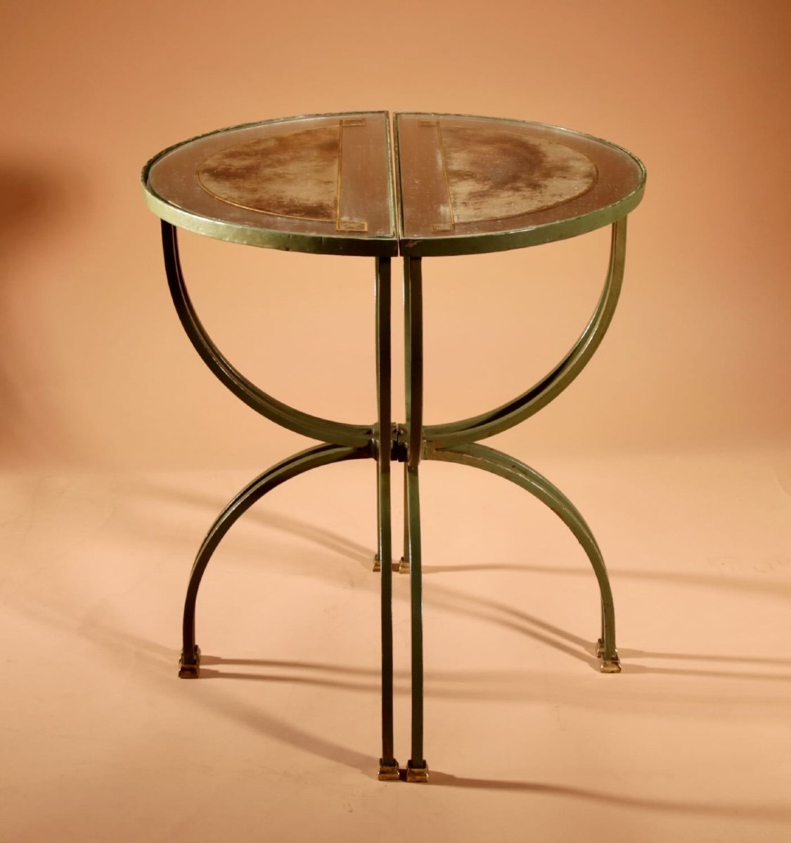 Exceptional Four Parts Art Deco Wrought Iron, Brass And Original Glass French Coffee Table.-photo-7