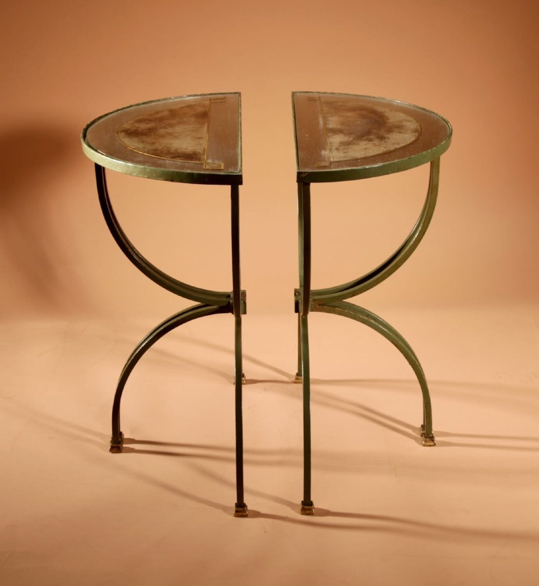 Exceptional Four Parts Art Deco Wrought Iron, Brass And Original Glass French Coffee Table.-photo-8