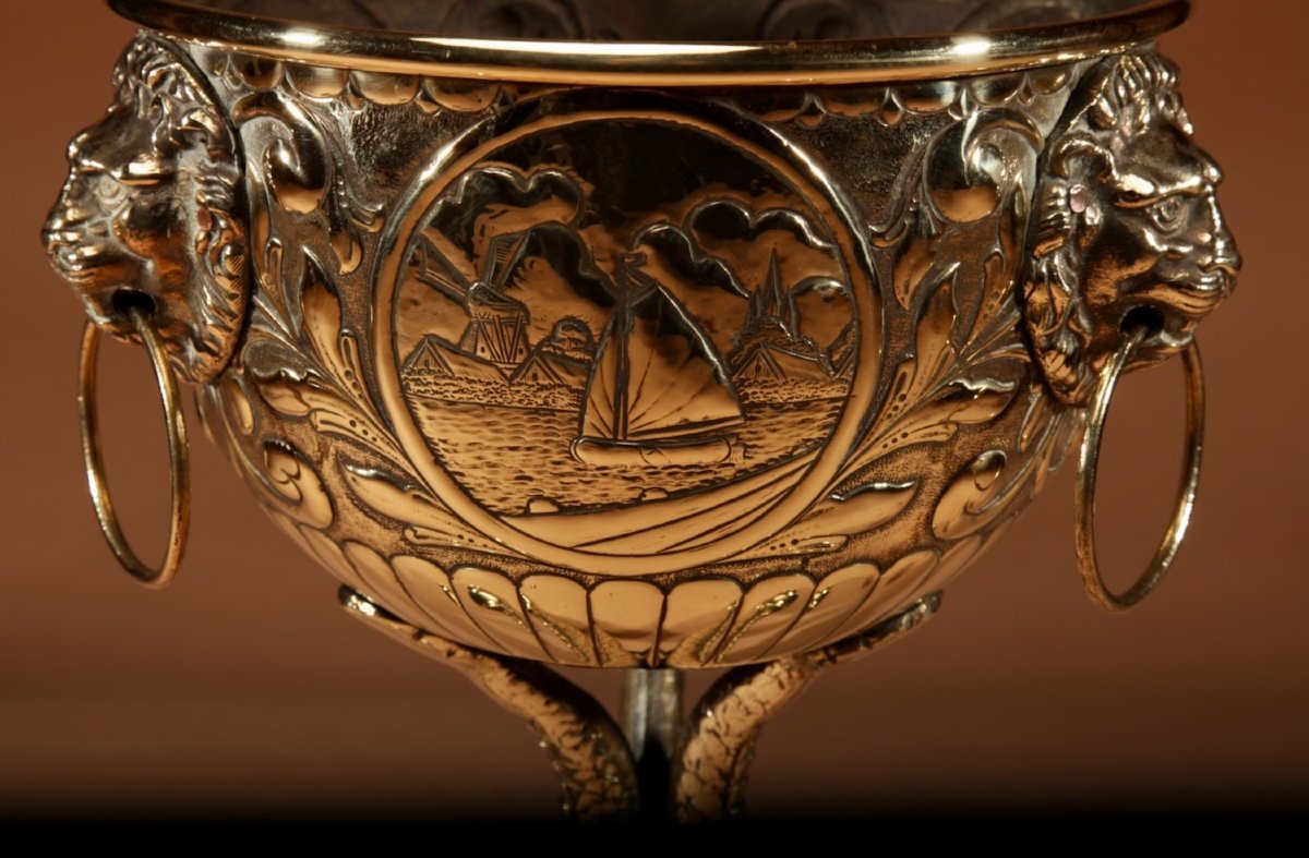 Dinanderie Embossed And Cast Brass Jardiniere.-photo-1