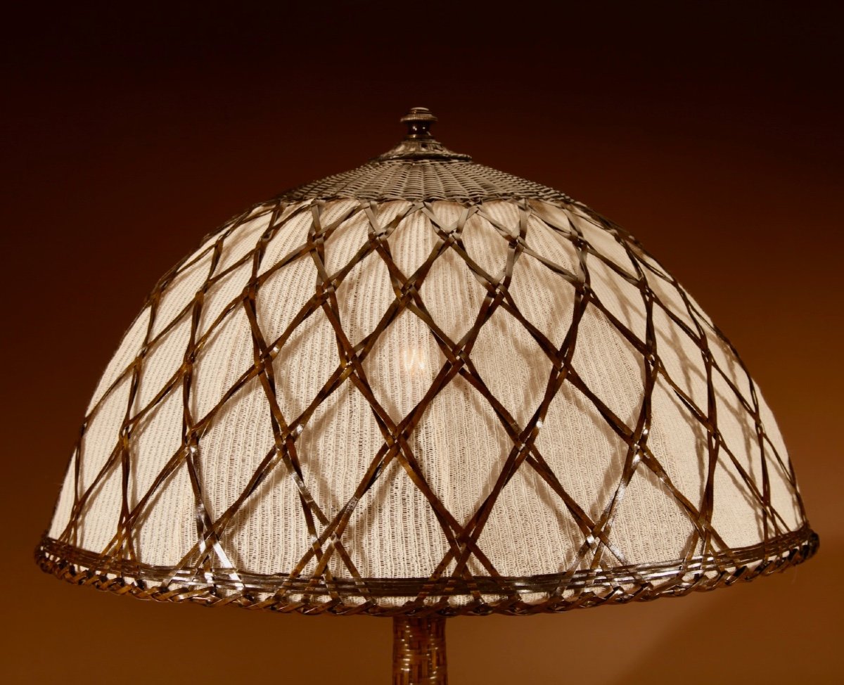  Art Nouveau Rare Lampe De Table De Travail Originale Patinée à Bracelet En Laiton -photo-2