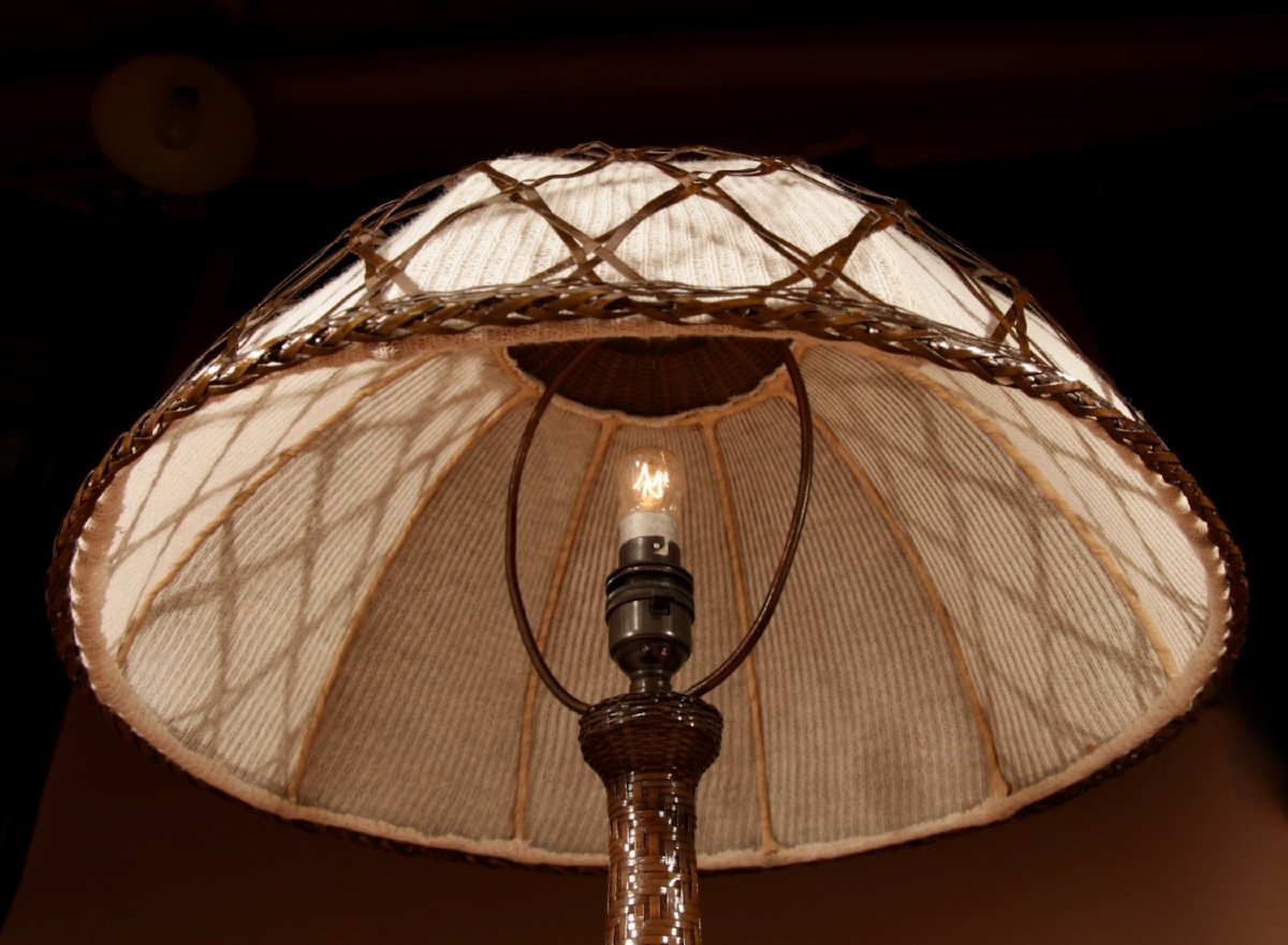  Art Nouveau Rare Lampe De Table De Travail Originale Patinée à Bracelet En Laiton -photo-7