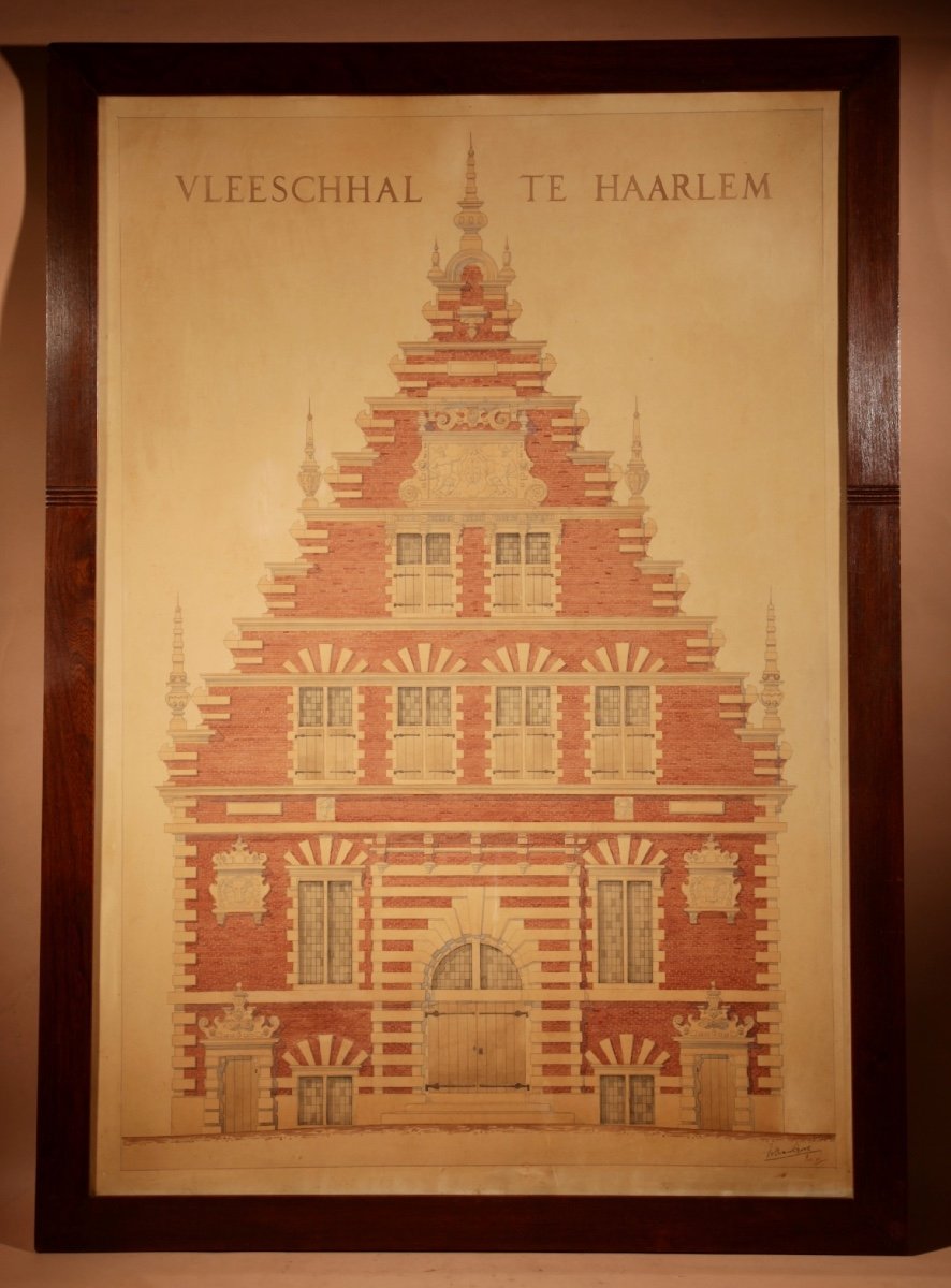   Aquarelle/dessin Architectural Très Détaillé Du Célèbre Front Vleeschhal Te Haarlem, Pays-bas-photo-2