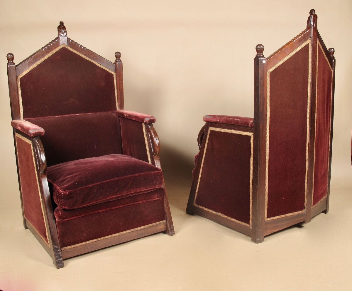 Dutch Amsterdam School Pair Of Jati Wood Throne Arm Chairs Signed Jacques Van Den -photo-4