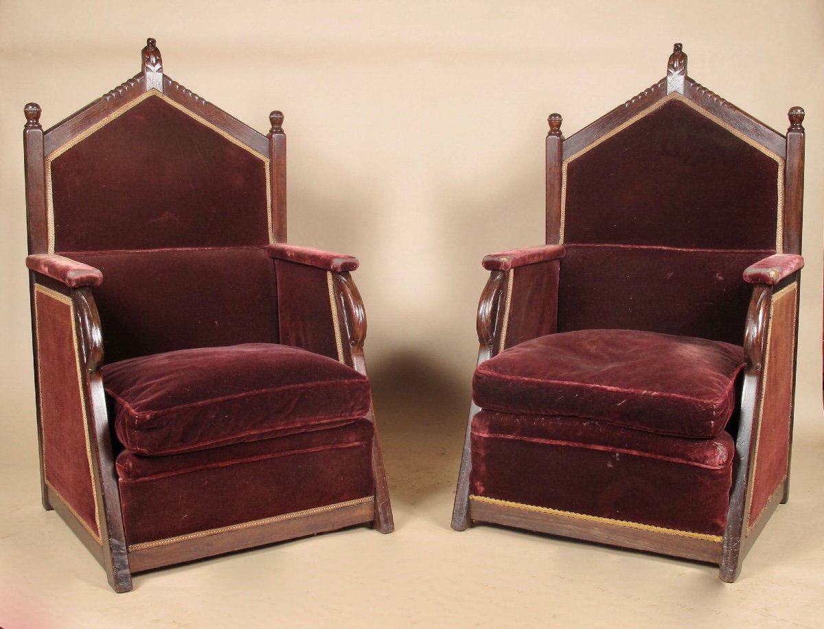 Dutch Amsterdam School Pair Of Jati Wood Throne Arm Chairs Signed Jacques Van Den 