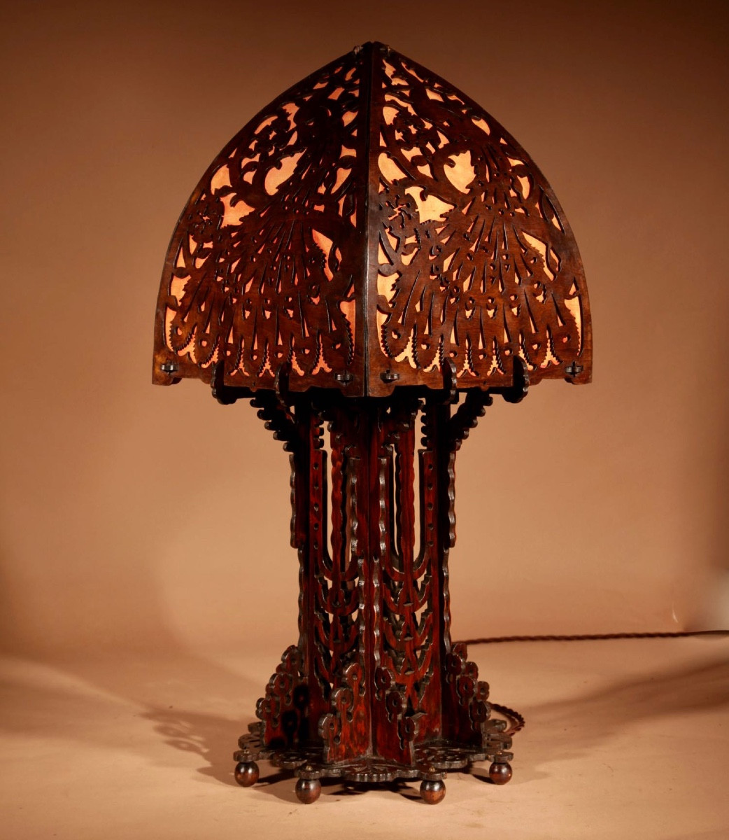 Amsterdam School 1900-20 A Very Impressive And Stylish Fretwork Wooden Table Lamp.