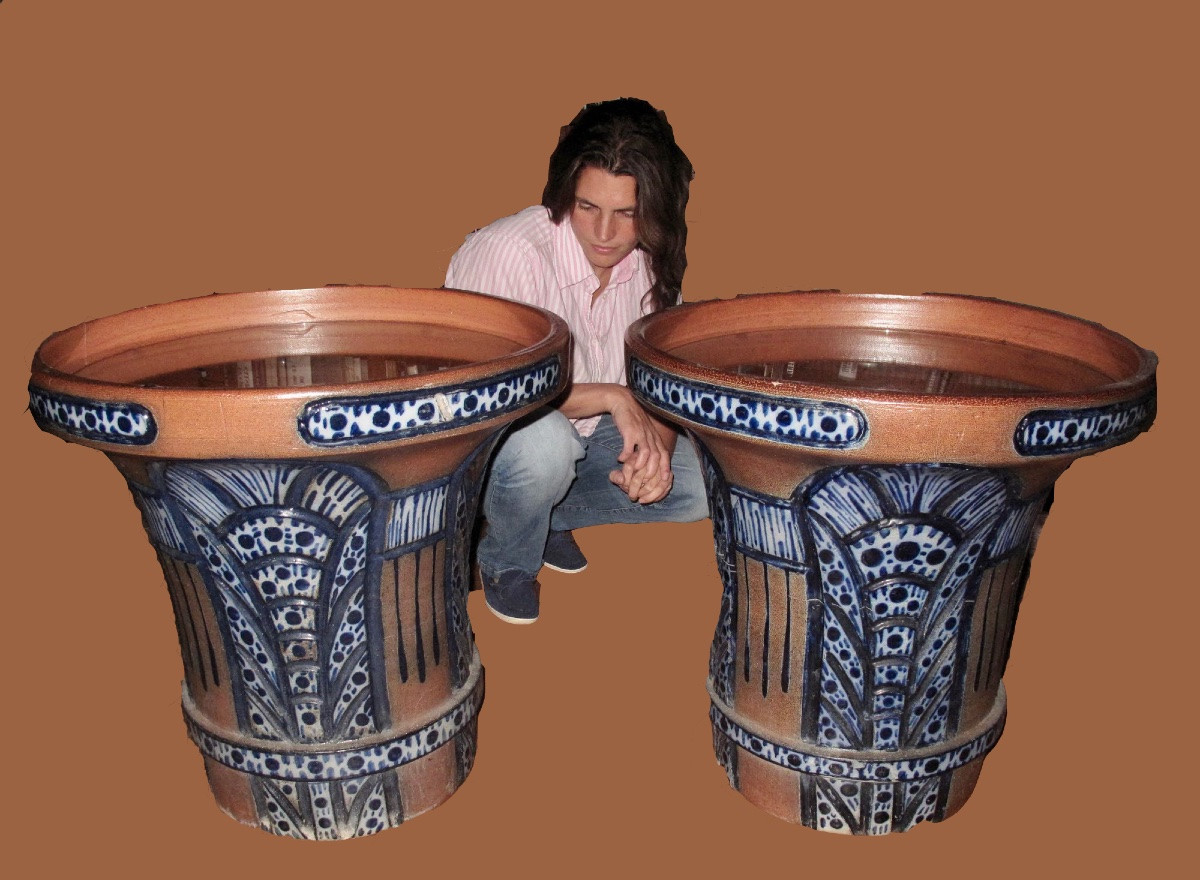 Pair Of Very Rare And Impressive Art Deco Stoneware Planters, Side Tables-photo-4
