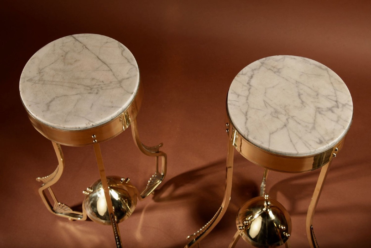 Amsterdam School Style Pair Of Rare Brass And Marble Coffee/plant/lamp Stands Tables Circa 1900-photo-4