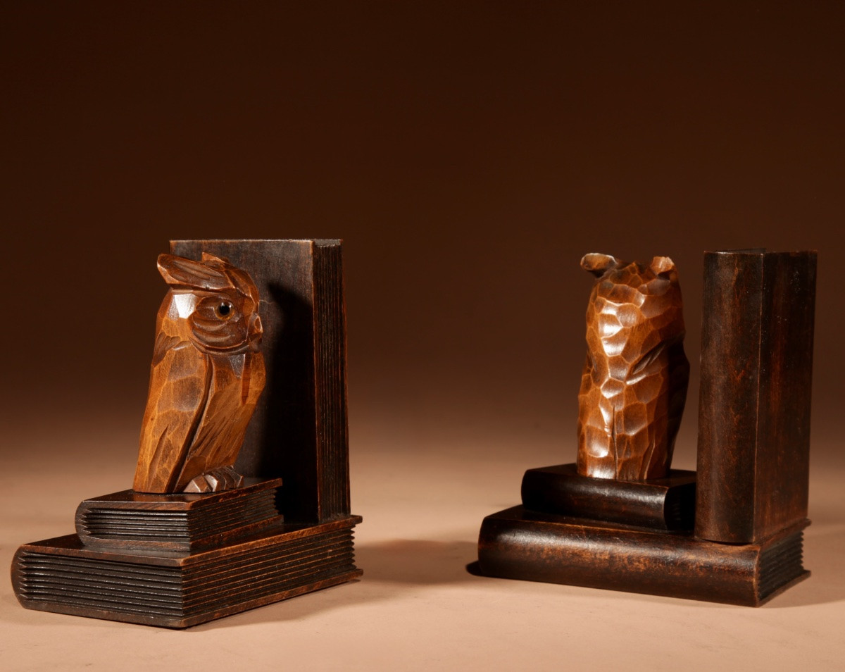 Pair Of Carved Owl Bookends, Black Forest, Circa 1900-1920.-photo-2