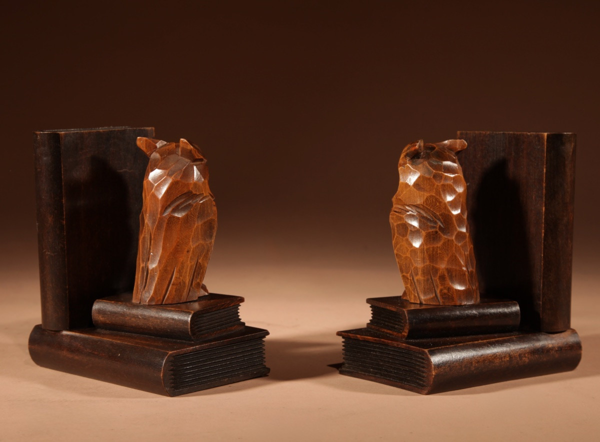 Pair Of Carved Owl Bookends, Black Forest, Circa 1900-1920.-photo-4