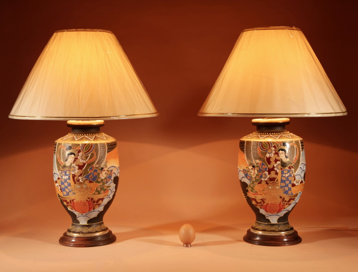Impressionnante paire de lampes de table Satsuma japonaises authentiques, de grande taille et t-photo-3