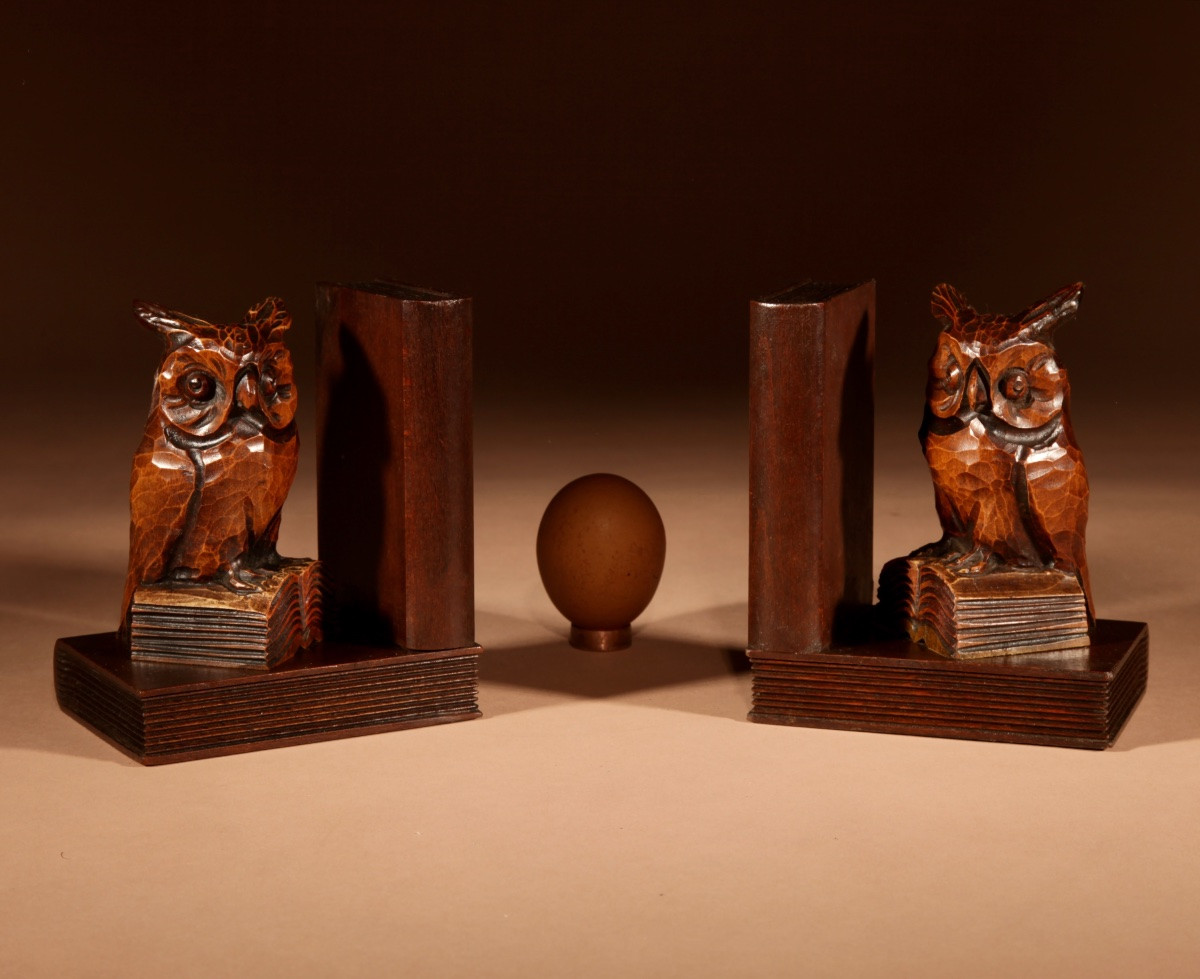 Black Forest Amusing Pair Of Owl Carved Bookends Circa 1900-20.-photo-2