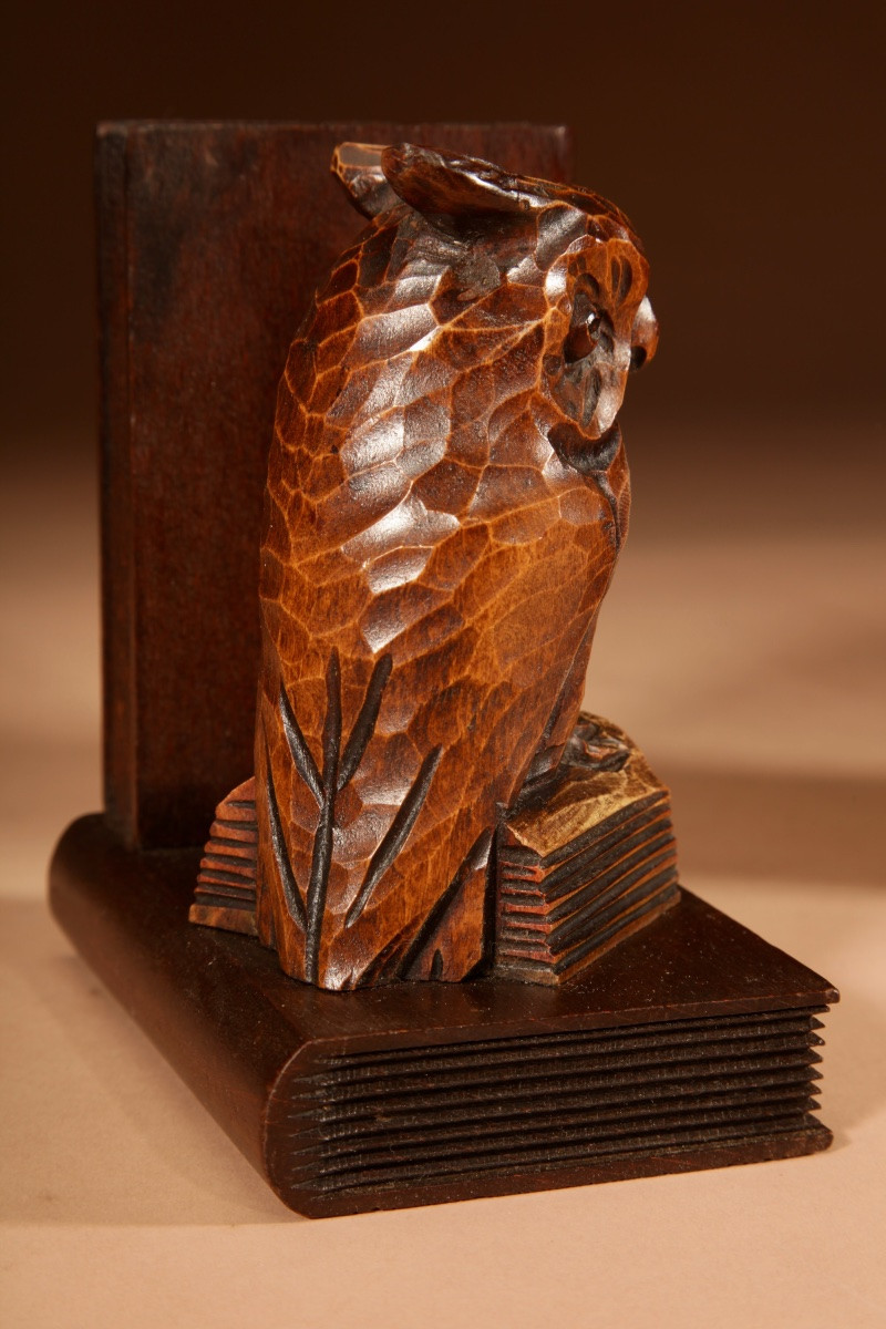 Black Forest Amusing Pair Of Owl Carved Bookends Circa 1900-20.-photo-2