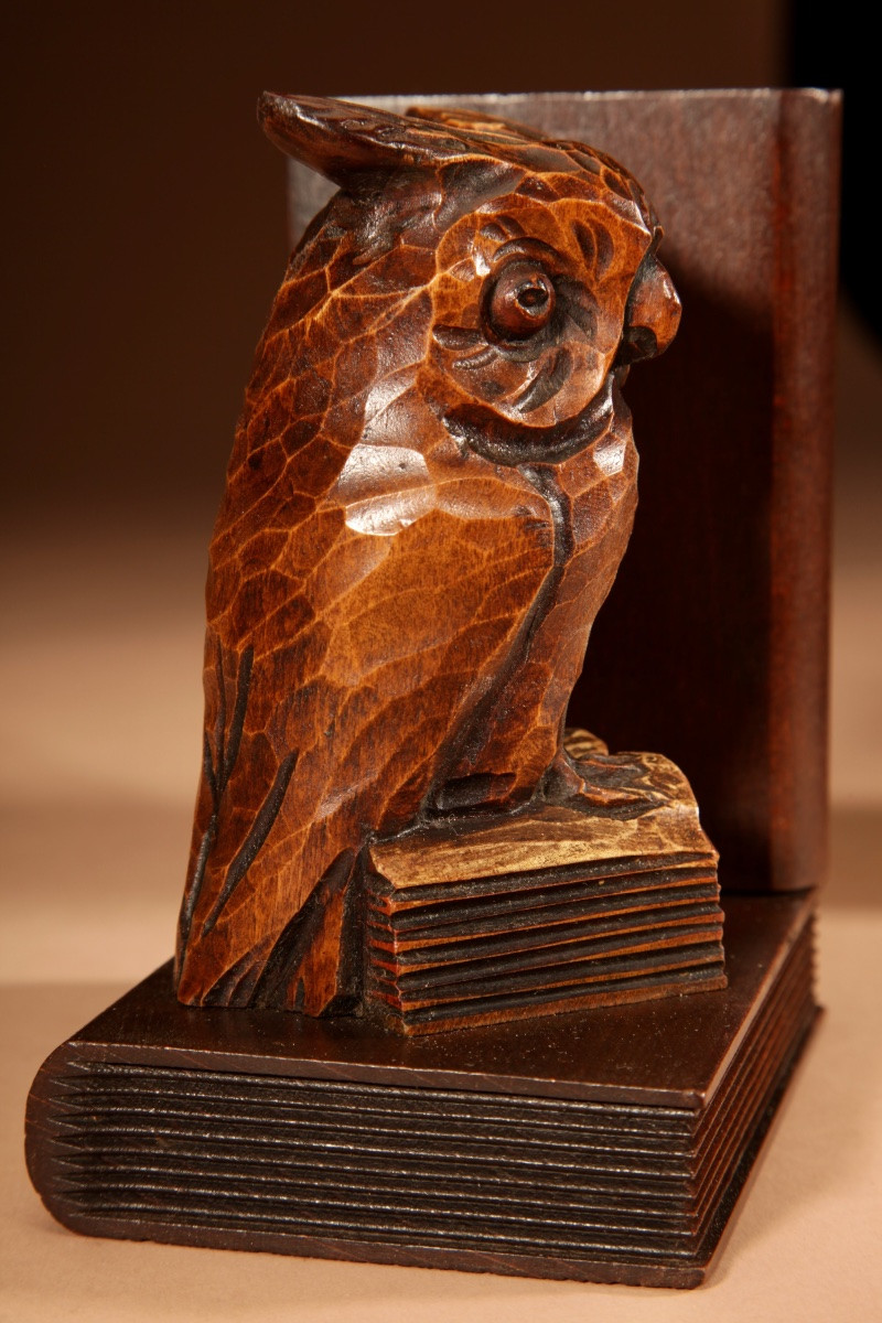 Black Forest Amusing Pair Of Owl Carved Bookends Circa 1900-20.-photo-3