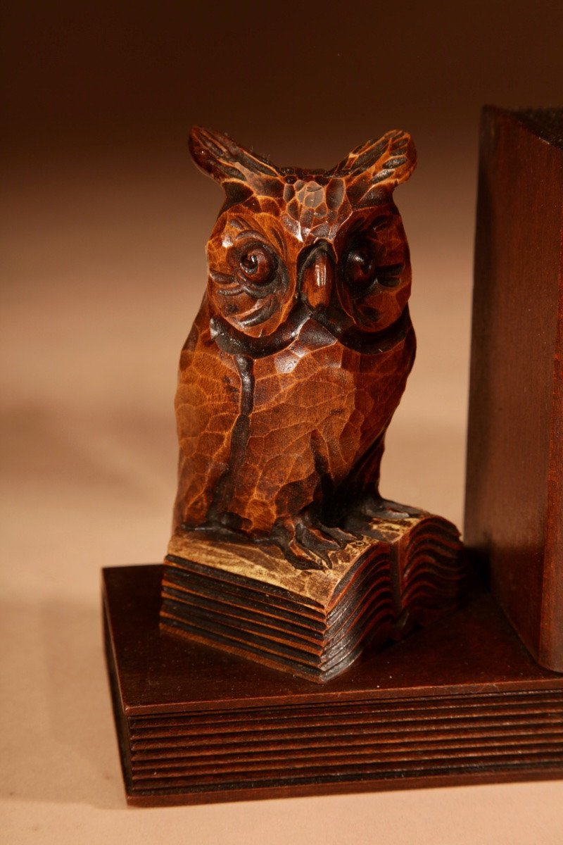 Black Forest Amusing Pair Of Owl Carved Bookends Circa 1900-20.-photo-4