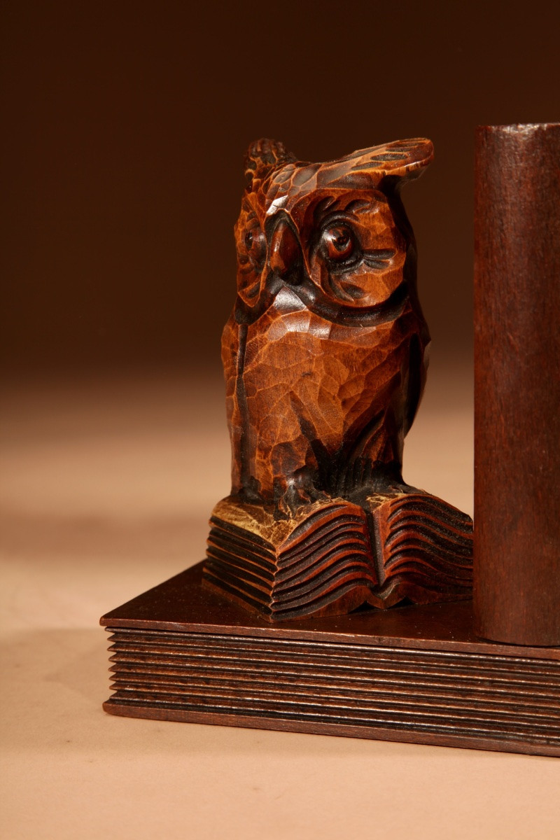 Black Forest Amusing Pair Of Owl Carved Bookends Circa 1900-20.-photo-5