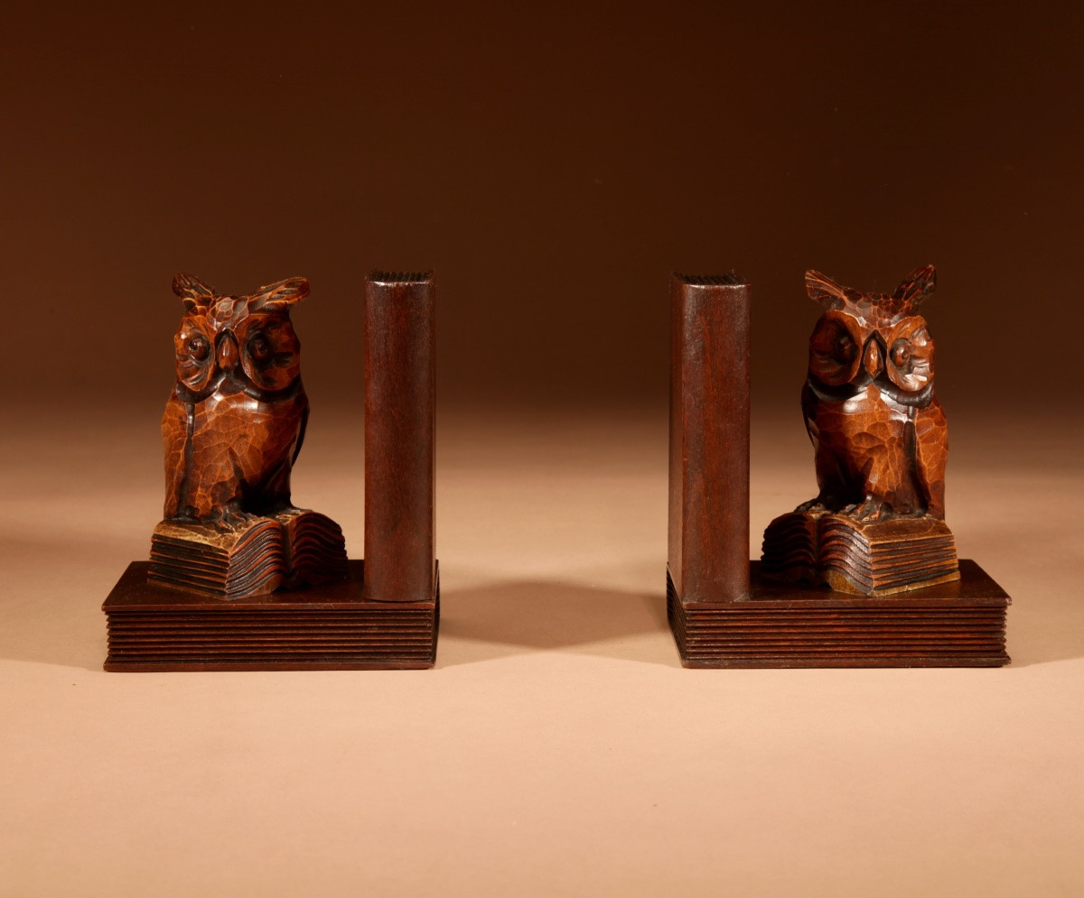 Black Forest Amusing Pair Of Owl Carved Bookends Circa 1900-20.-photo-6
