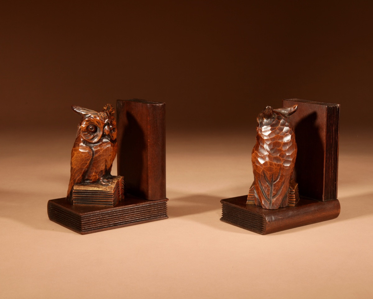 Black Forest Amusing Pair Of Owl Carved Bookends Circa 1900-20.-photo-7