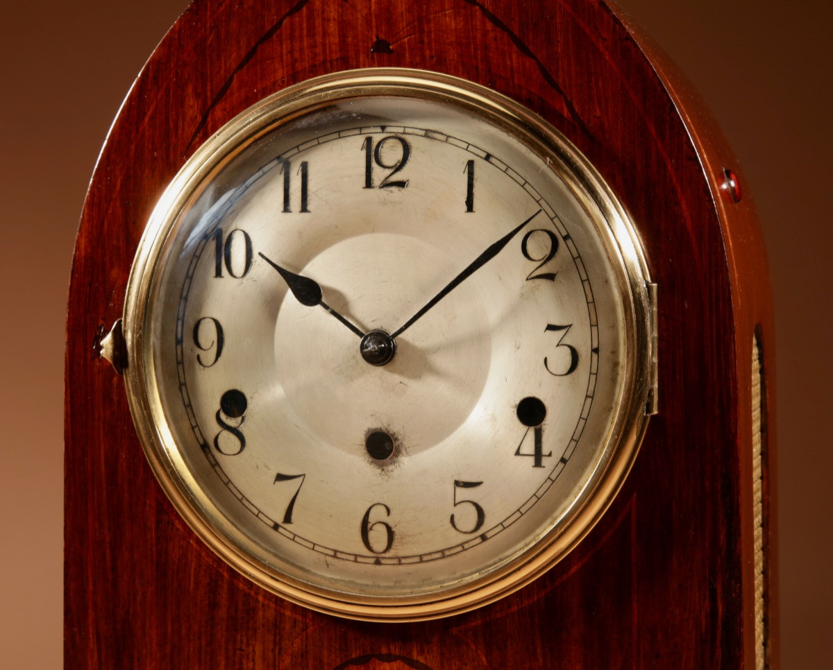  Impressionnante grande horloge de cheminée édouardienne en acajou marqueté.-photo-2