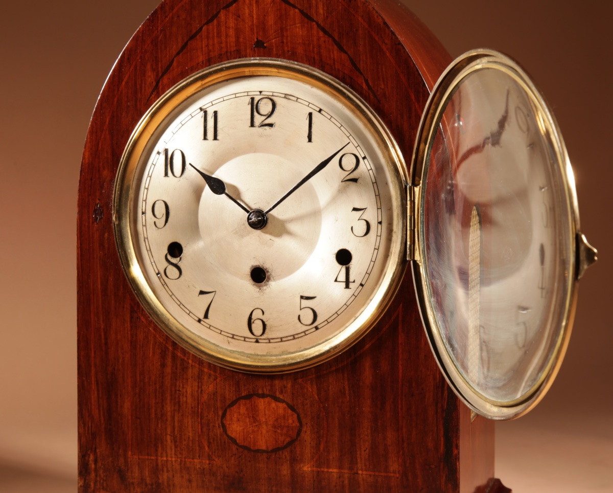  Impressionnante grande horloge de cheminée édouardienne en acajou marqueté.-photo-3