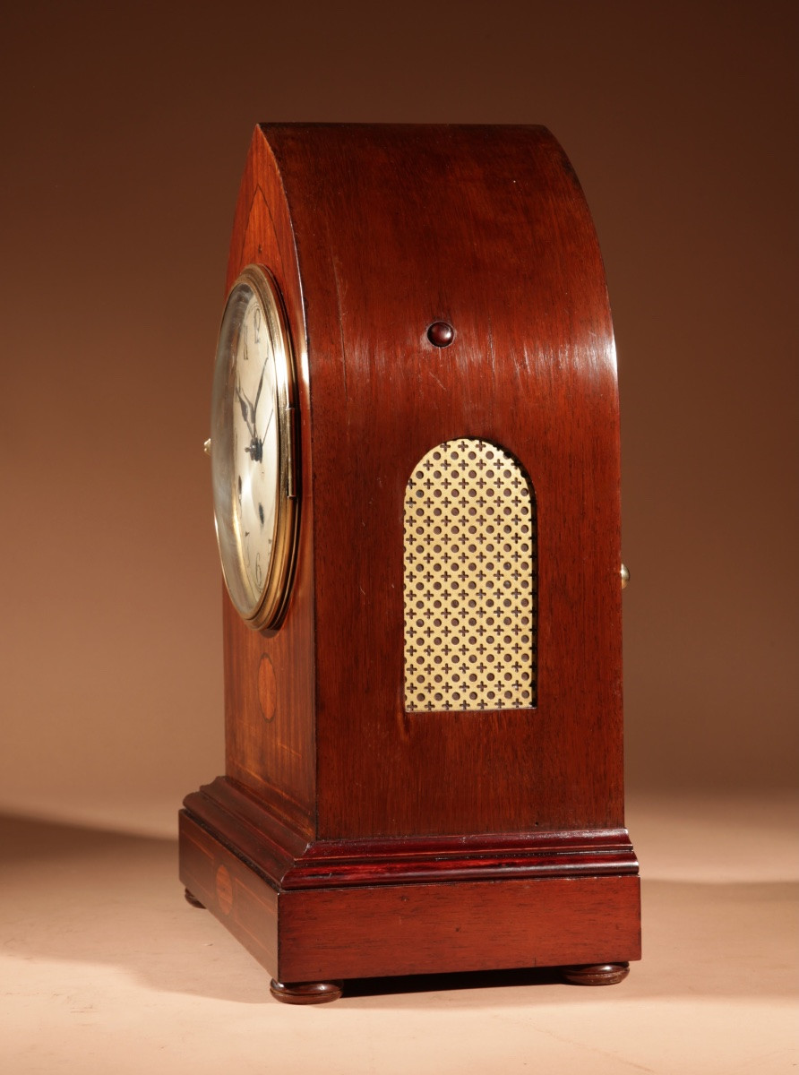  Impressionnante grande horloge de cheminée édouardienne en acajou marqueté.-photo-4
